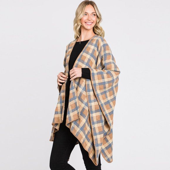 Plaid Check Patterned Ruana Poncho - Picture 1 of 2